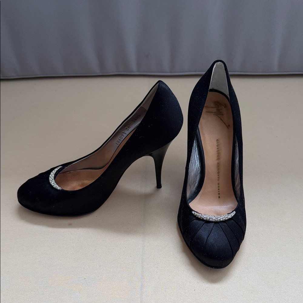 Giuseppe Zanotti Black Satin Heels with Silver Accents
